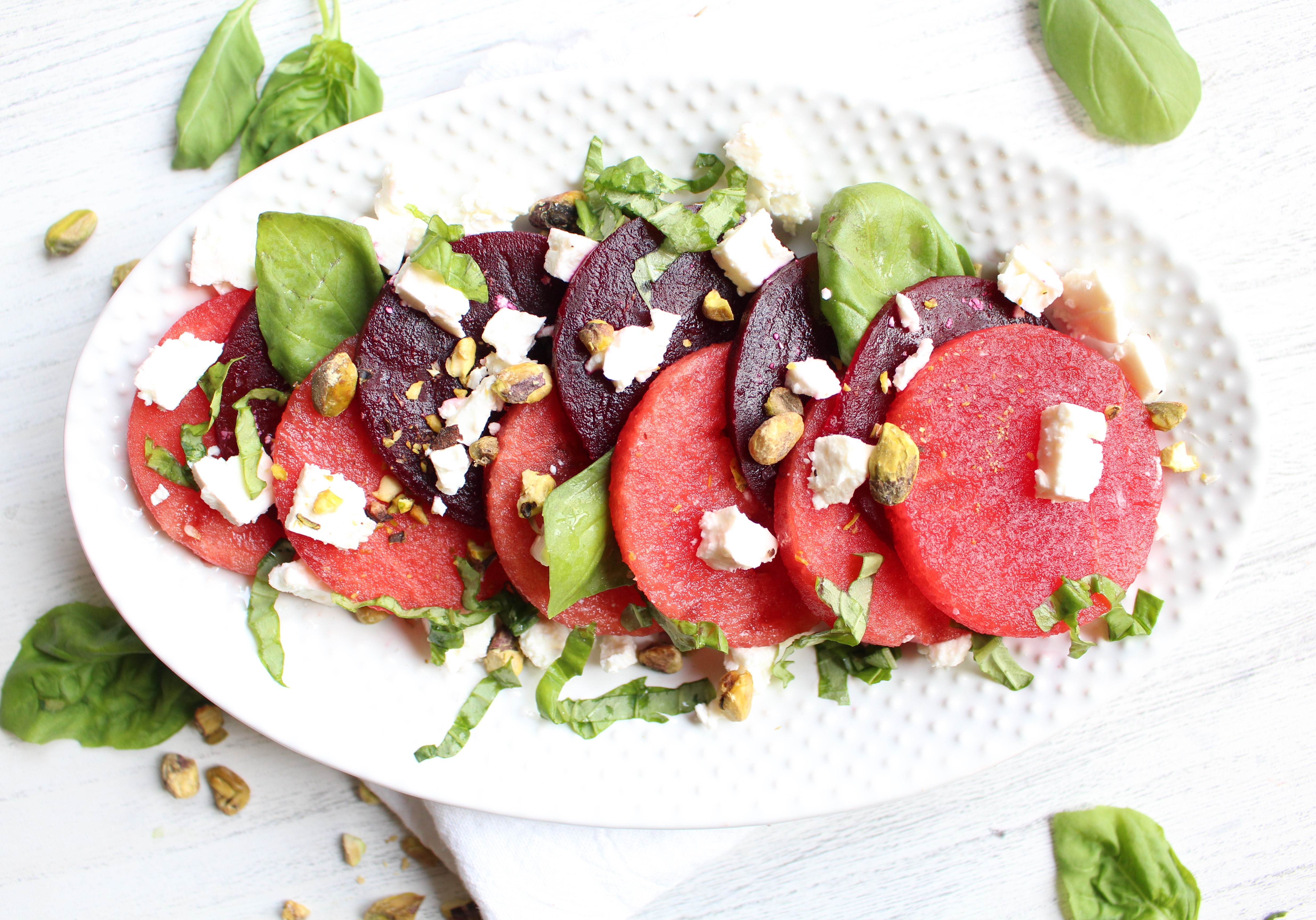 Roasted Beet and Watermelon Salad with feta, basil, and pistachios - the perfect refreshing summer salad! 