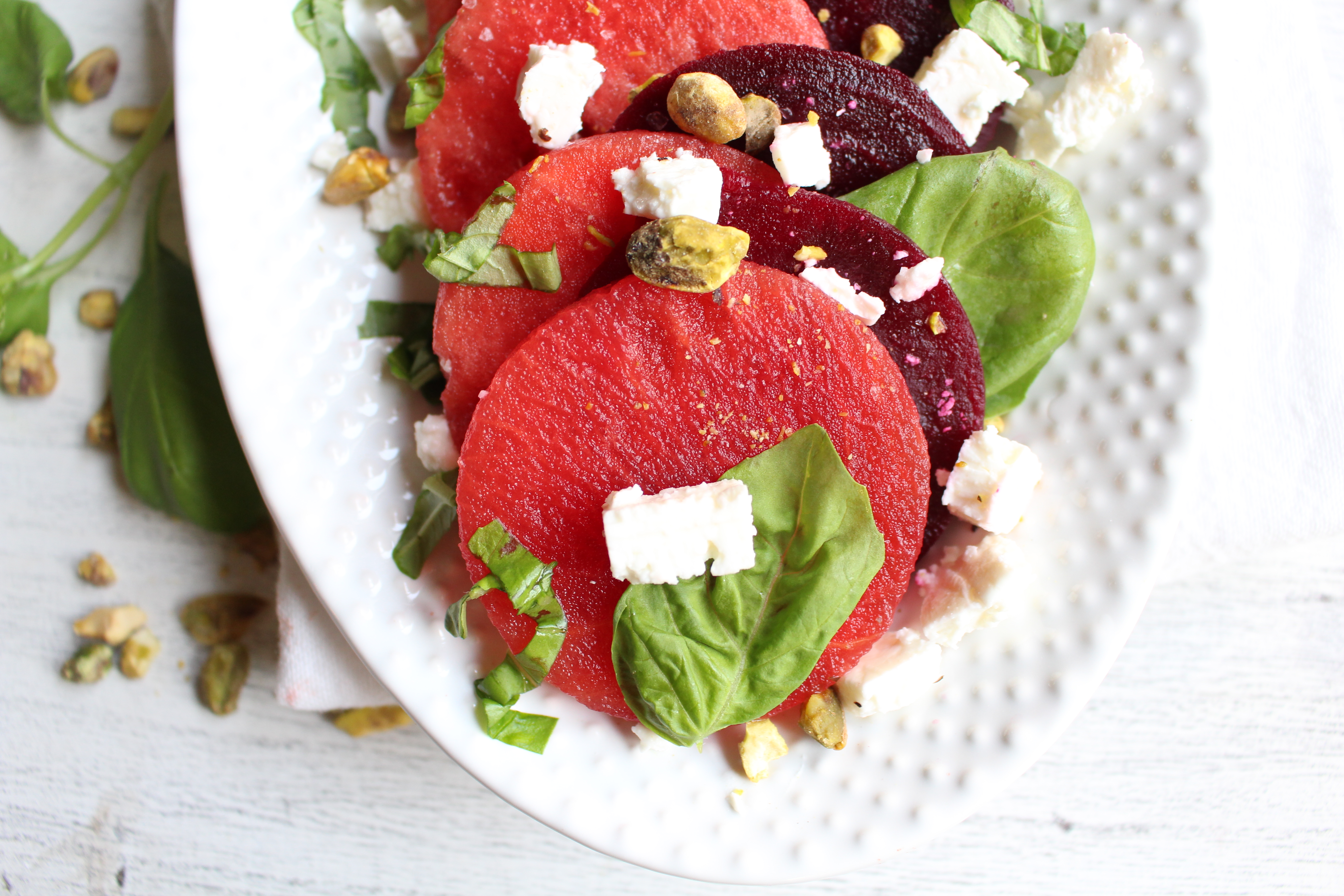 Roasted Beet and Watermelon Salad with feta, basil, and pistachios - the perfect refreshing summer salad! 