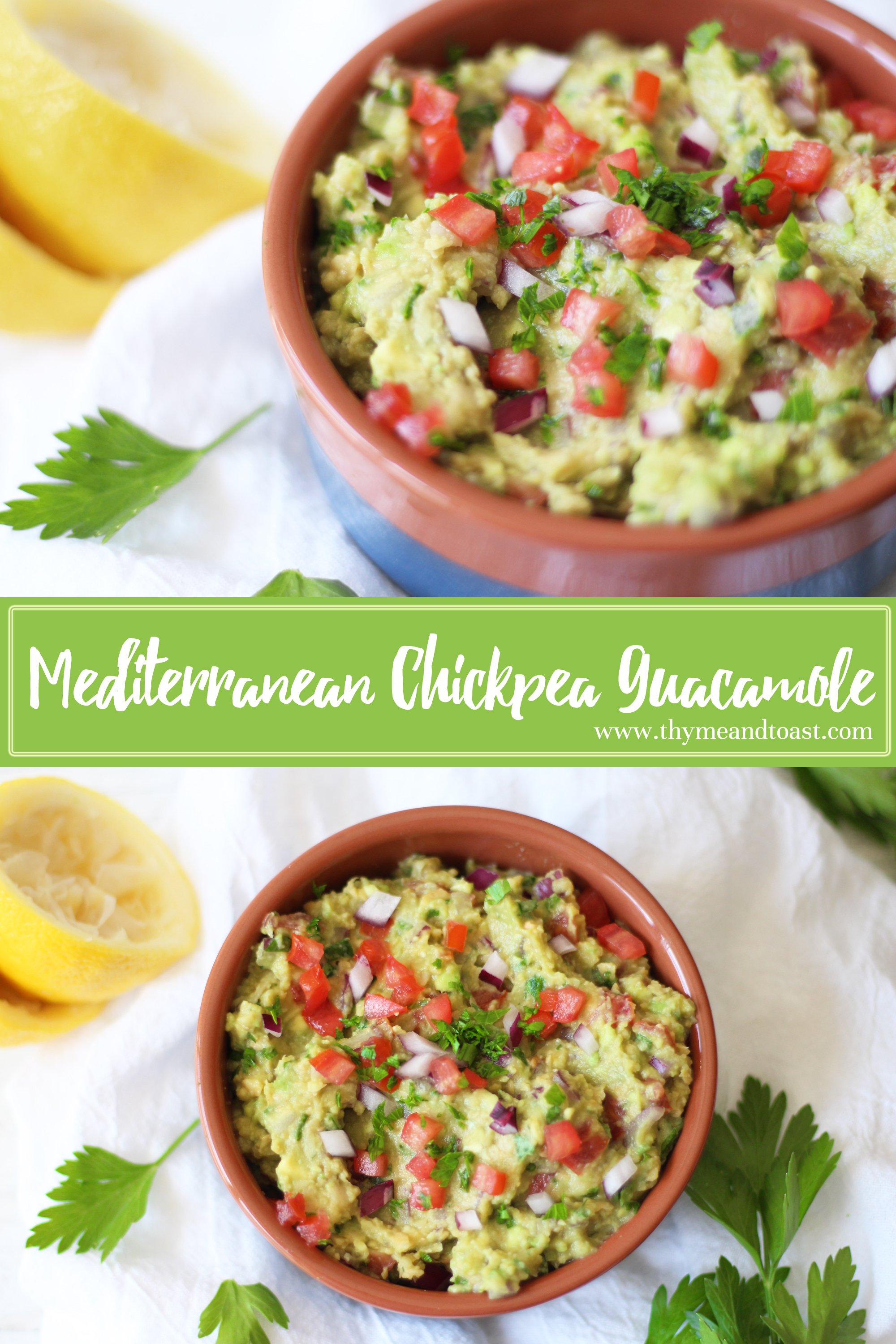 Mediterranean Chickpea Guacamole - a fun twist on the classic with the addition of chickpeas! A tasty snack, and not to mention cheaper ingredients!