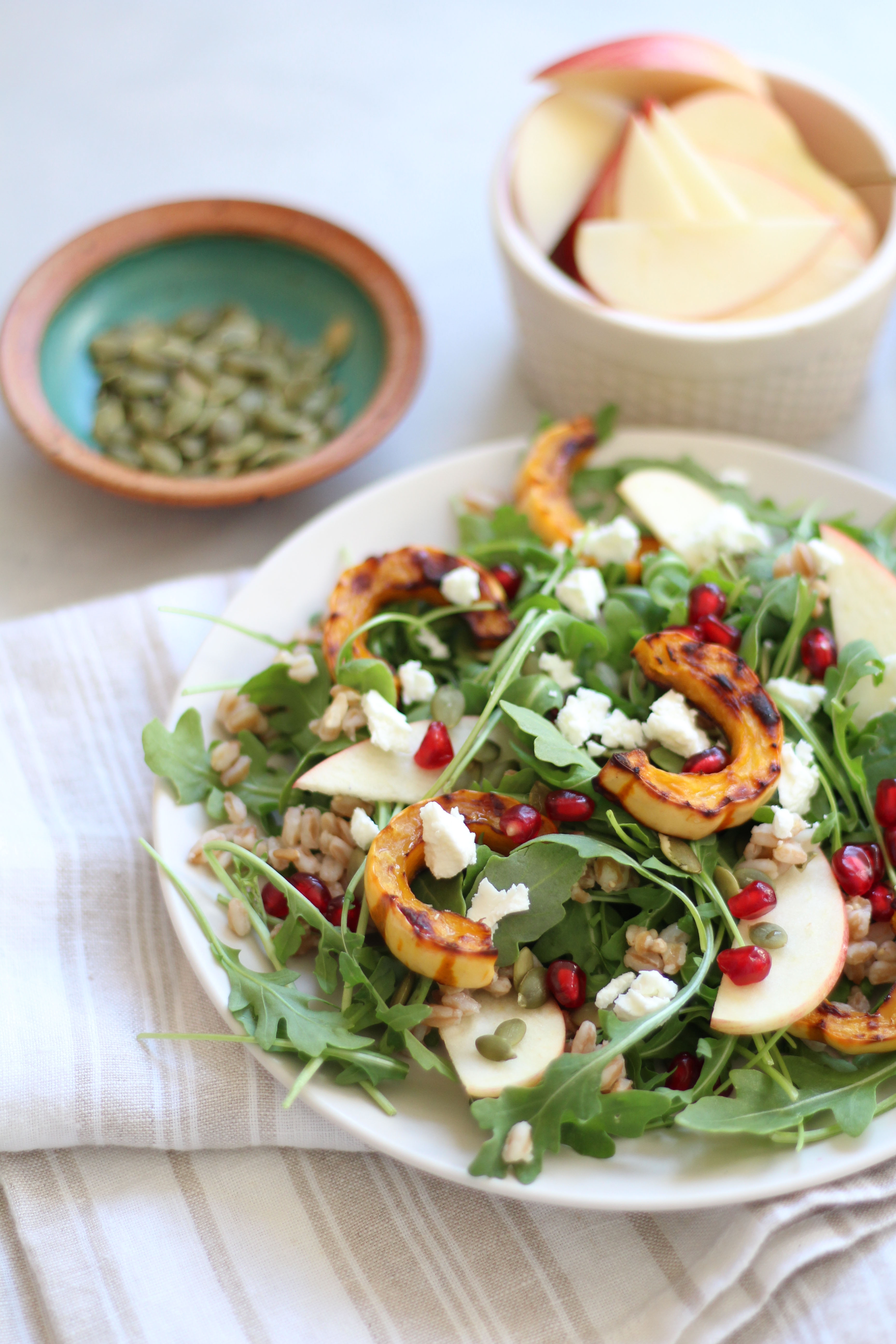 Roasted delicata squash, farro, and arugula salad - the perfect fall and winter salad!