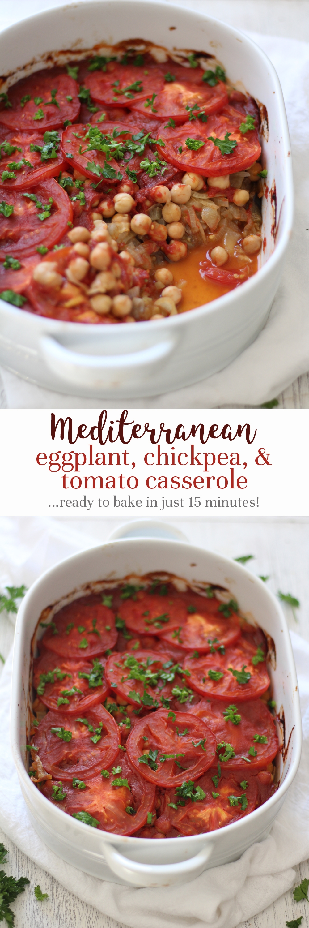 A comforting and healthy Mediterranean casserole with layers of eggplant, caramelized onions, chickpeas, and tomatoes - and simple to prepare!