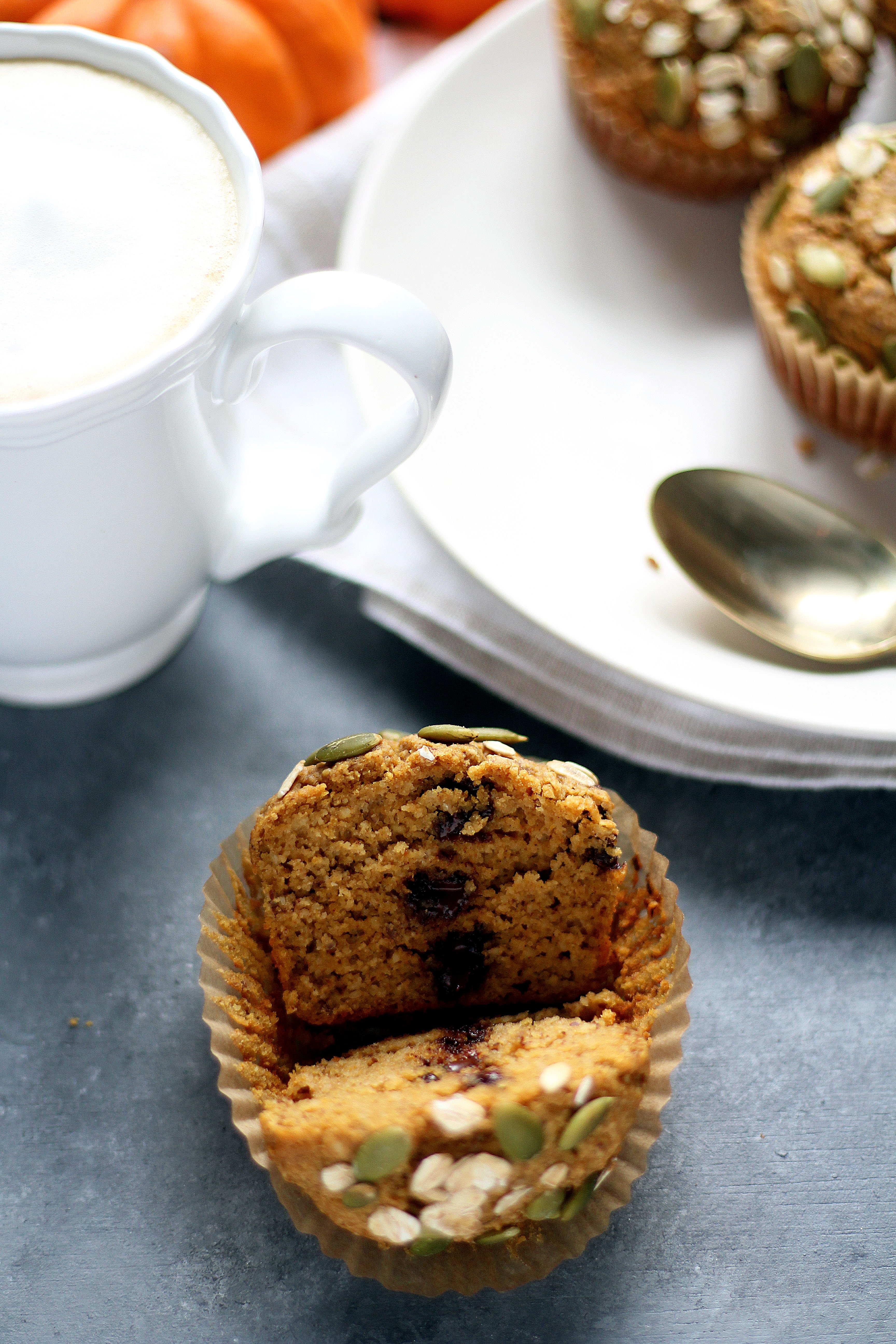 Healthy Flourless Pumpkin Muffins - a hearty and light muffin that's perfect with your morning cup of coffee!