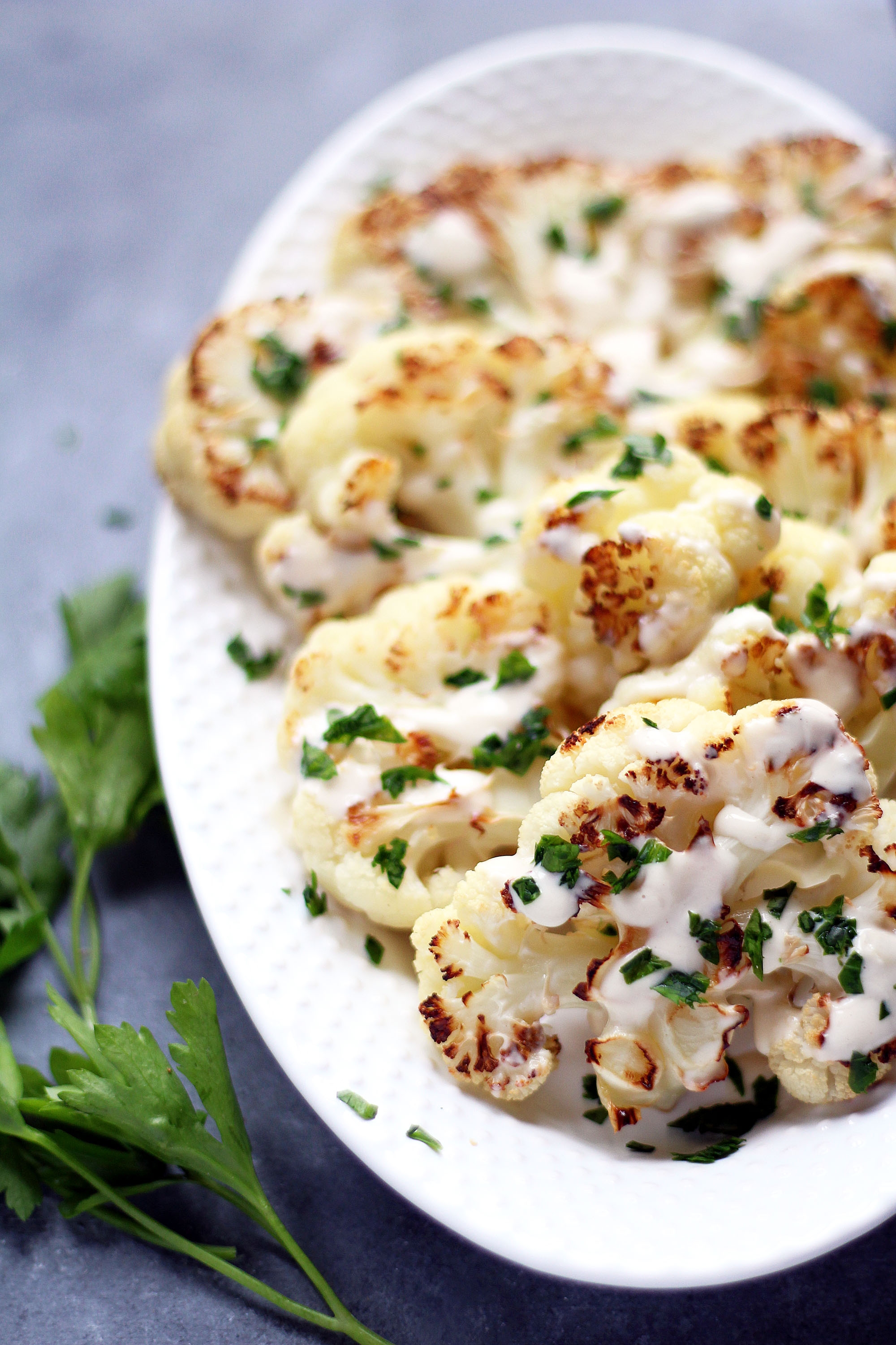 Roasted Caulliflower with a Lemon Garlic Tahini Sauce