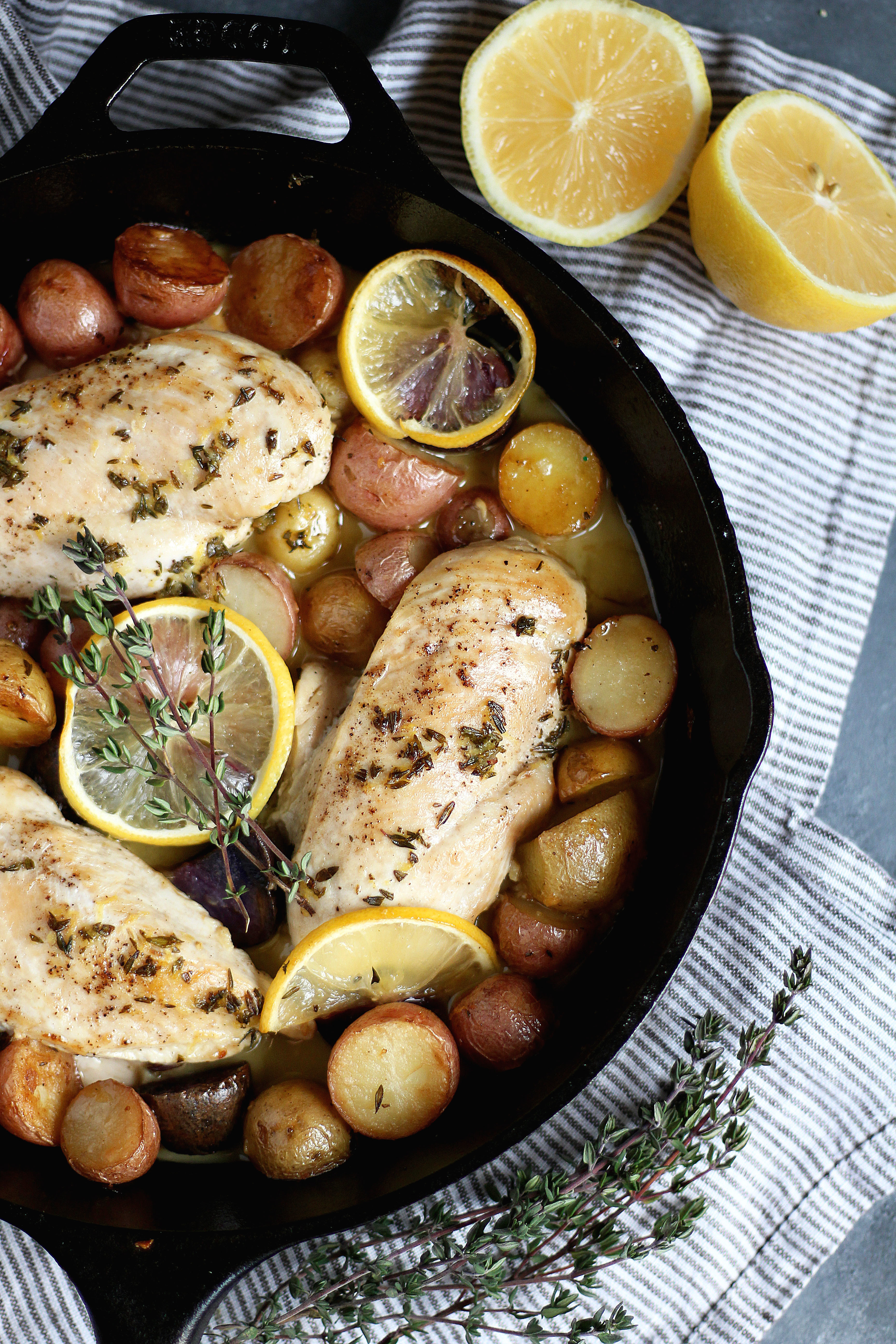 One-Skillet Garlic Lemon Chicken with Baby Potatoes - an easy and delicious weeknight meal! 