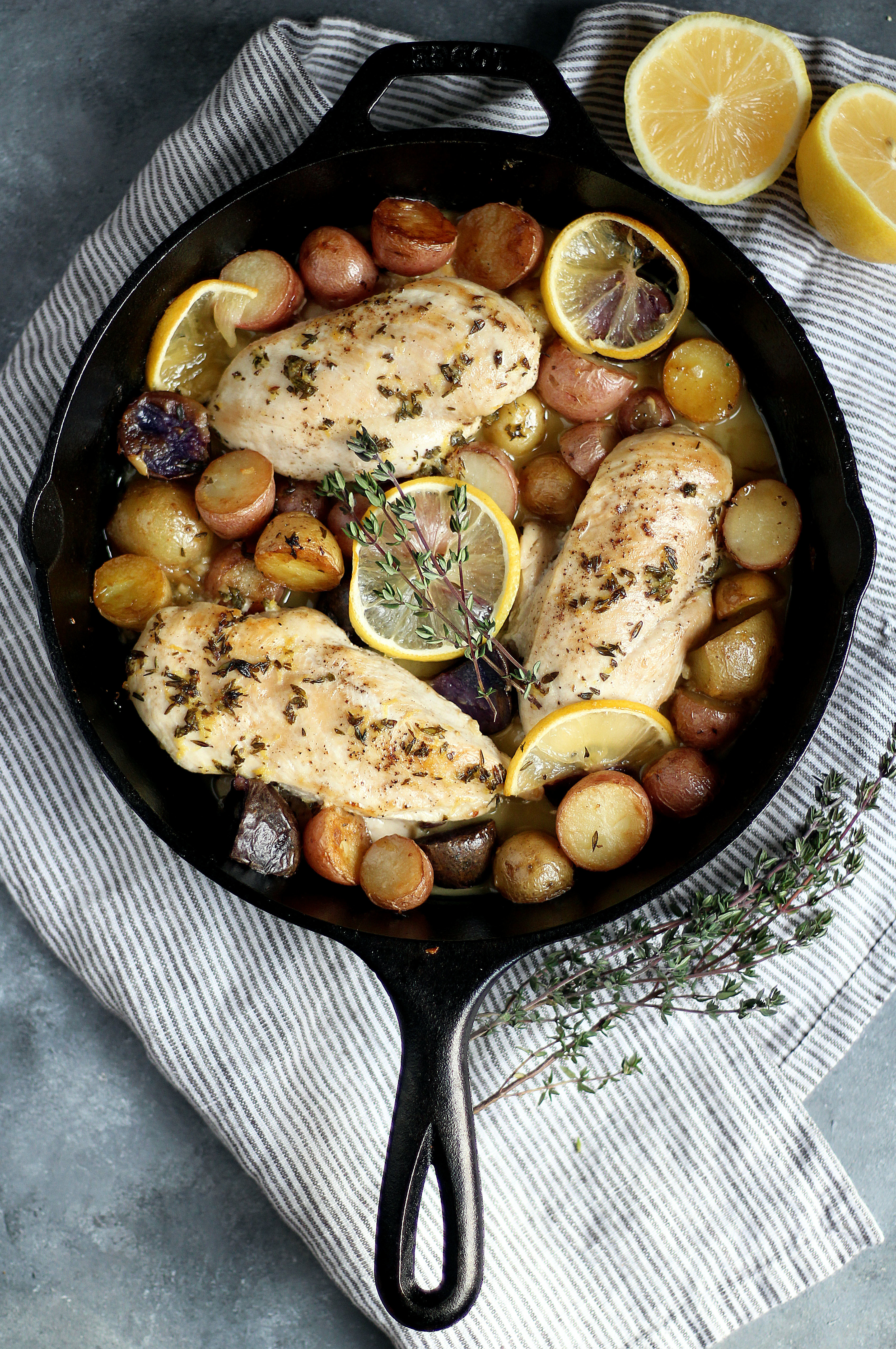 One-Skillet Garlic Lemon Chicken with Baby Potatoes - an easy and delicious weeknight meal! 