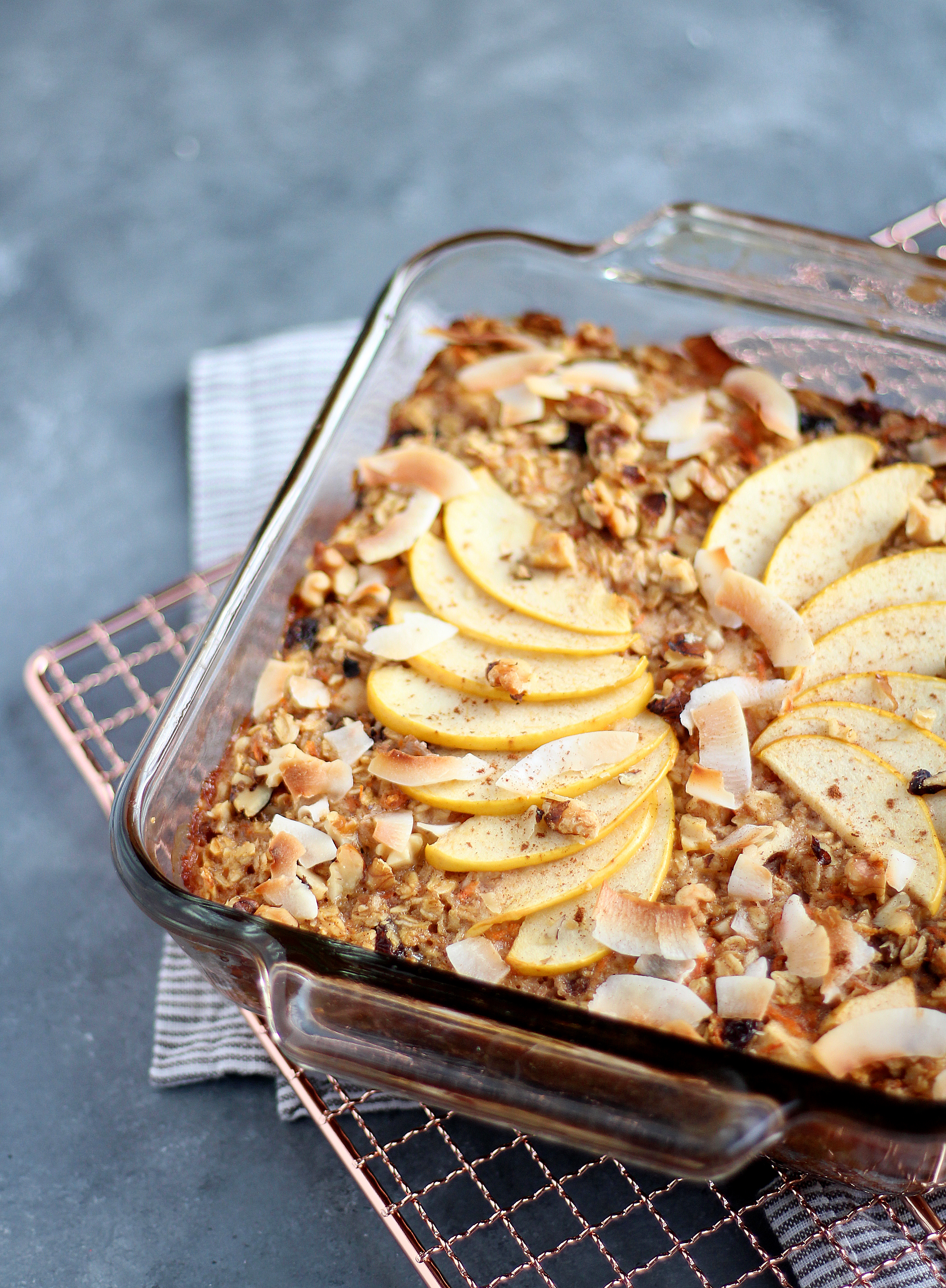 Morning Glory Baked Oatmeal. Loaded with coconut, carrot, raisins, and walnuts, and perfect for meal prep!