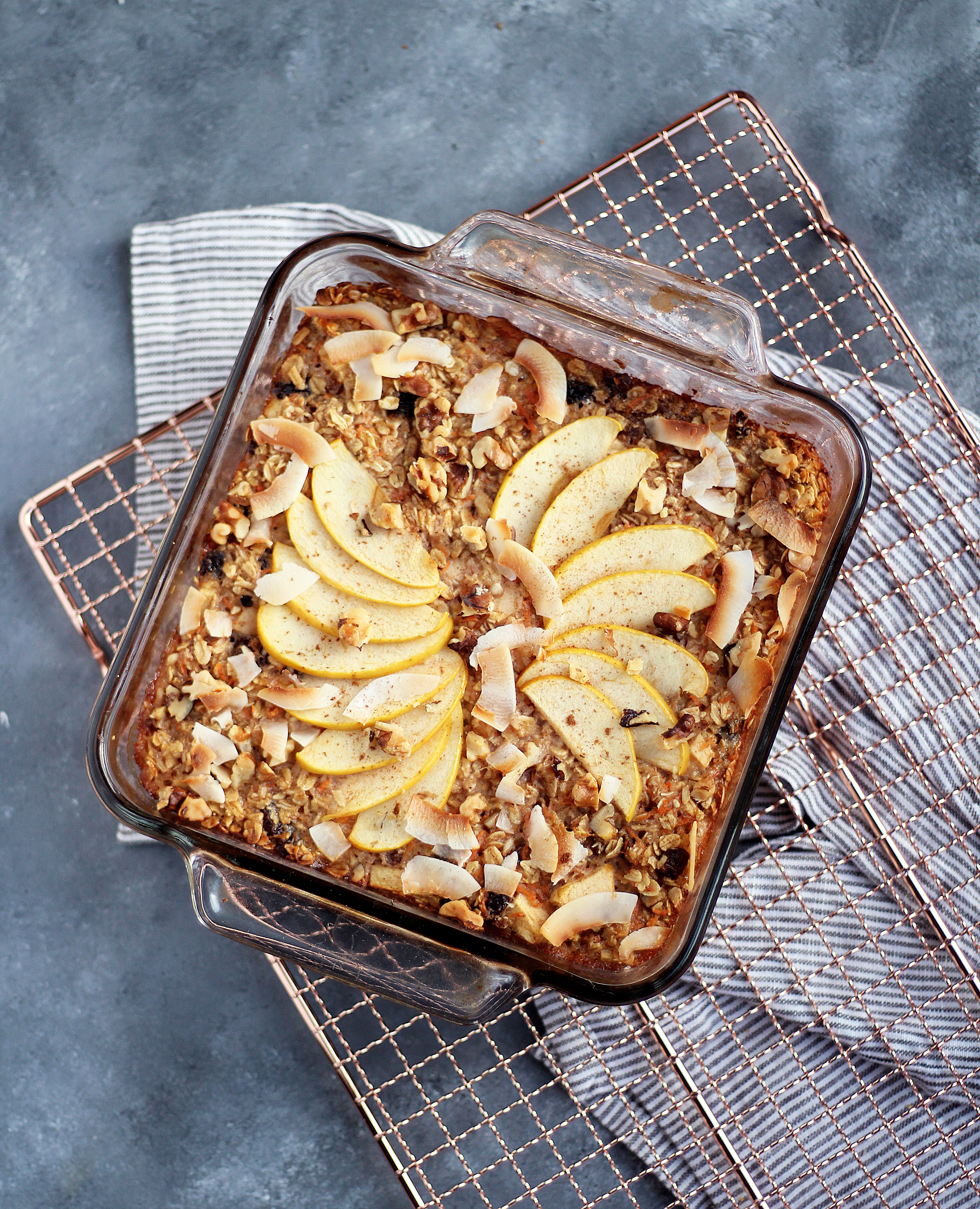 Morning Glory Baked Oatmeal. Loaded with coconut, carrot, raisins, and walnuts, and perfect for meal prep!