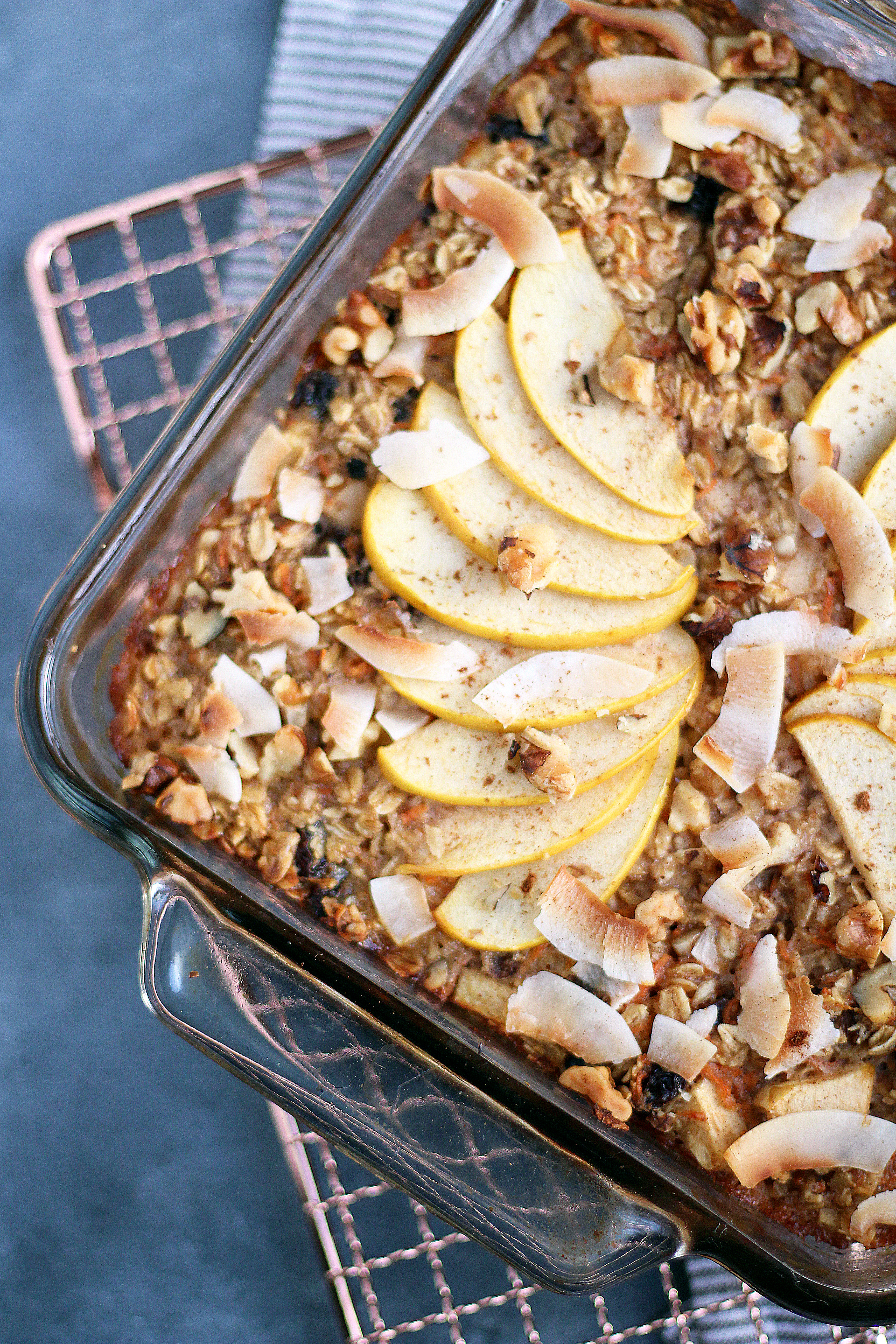 Morning Glory Baked Oatmeal. Loaded with coconut, carrot, raisins, and walnuts, and perfect for meal prep!
