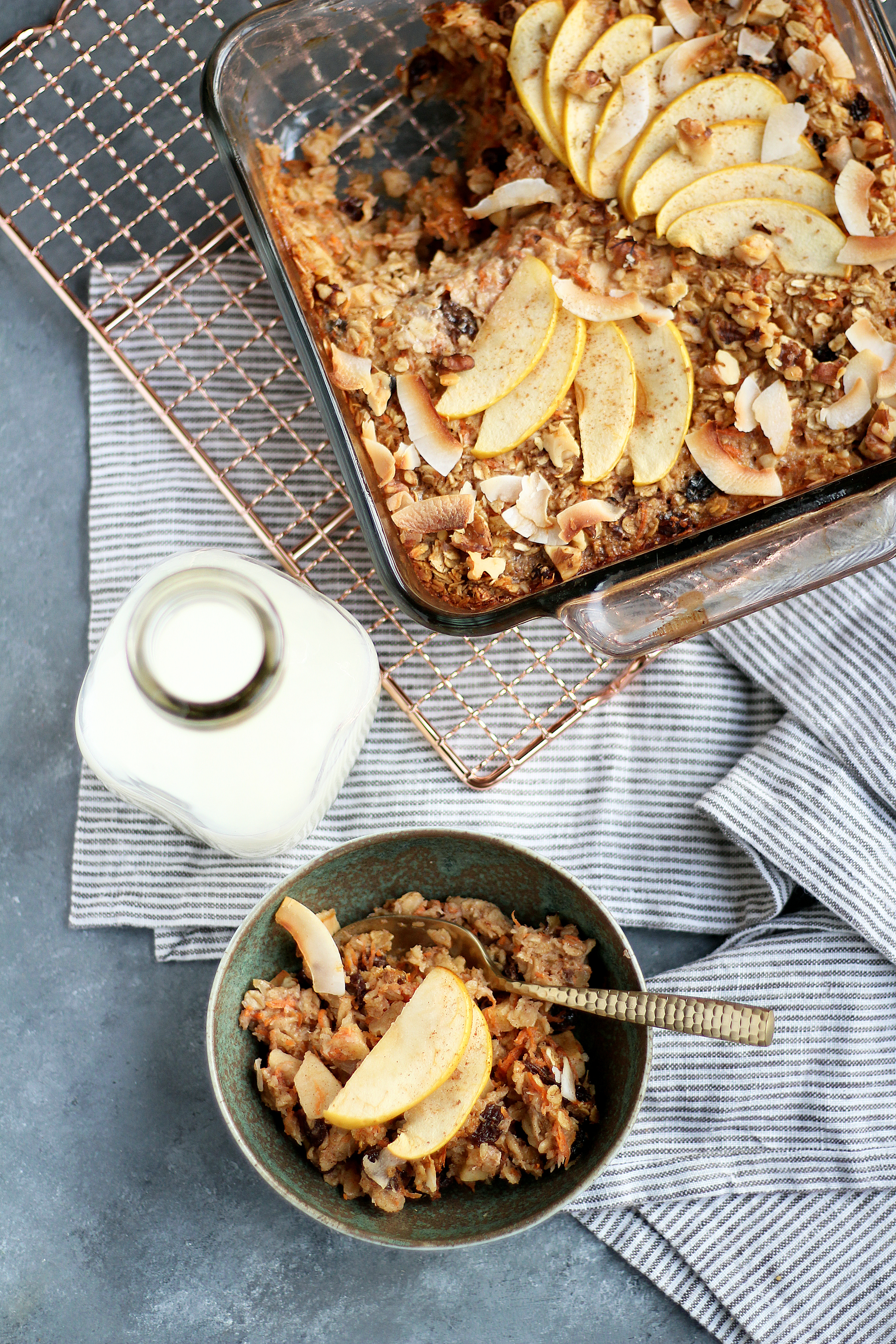 Morning Glory Baked Oatmeal. Loaded with coconut, carrot, raisins, and walnuts, and perfect for meal prep!