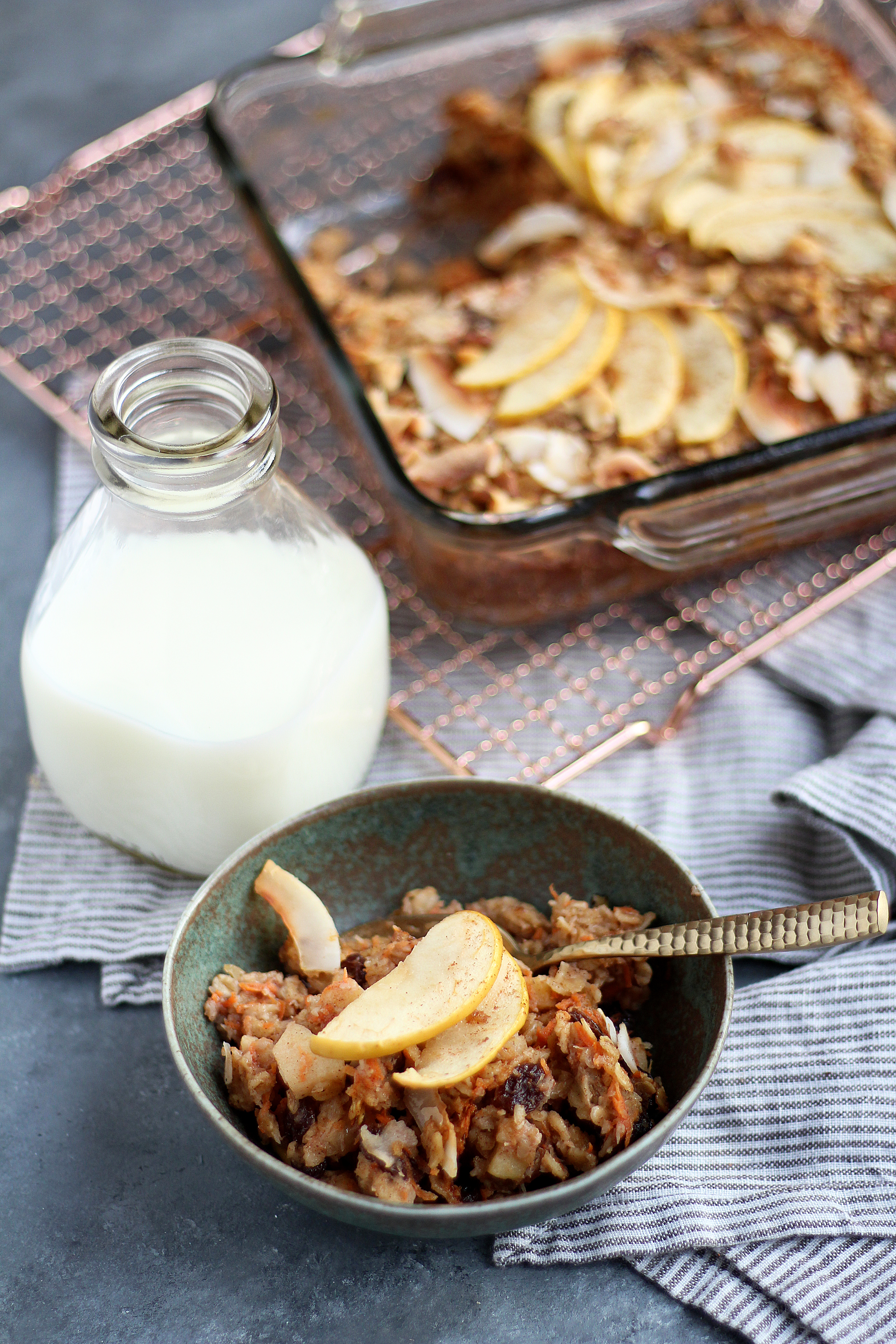 Morning Glory Baked Oatmeal. Loaded with coconut, carrot, raisins, and walnuts, and perfect for meal prep!