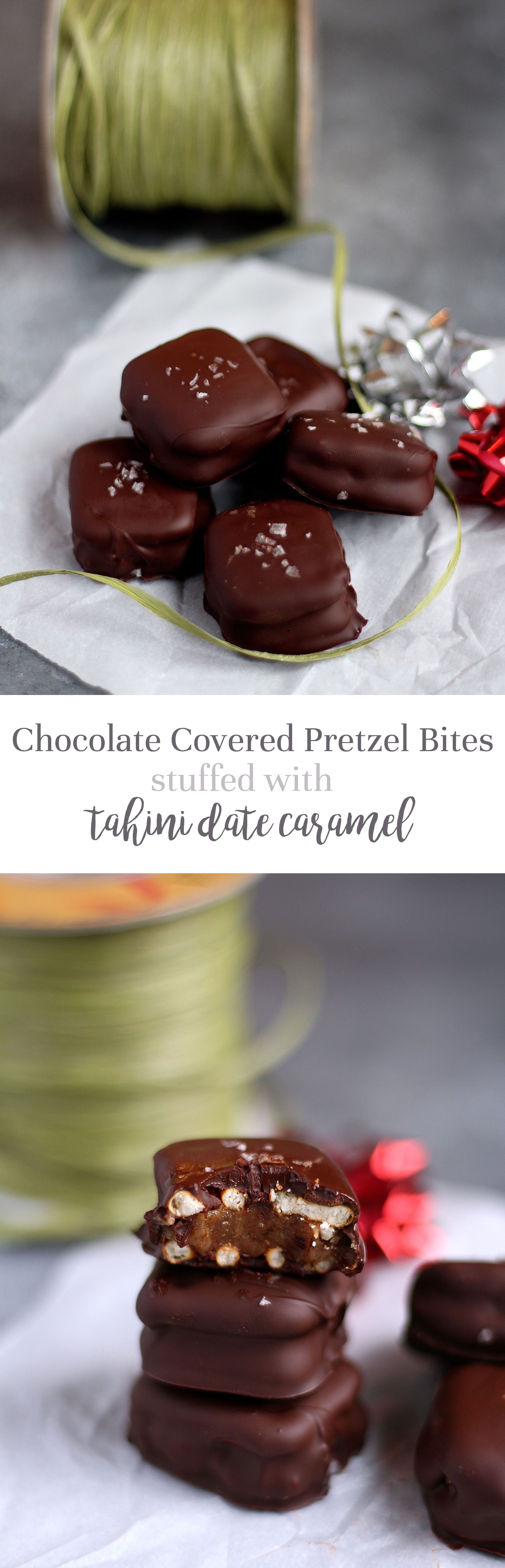 Chocolate Covered Pretzel Bites Stuffed with Tahini Date Caramel