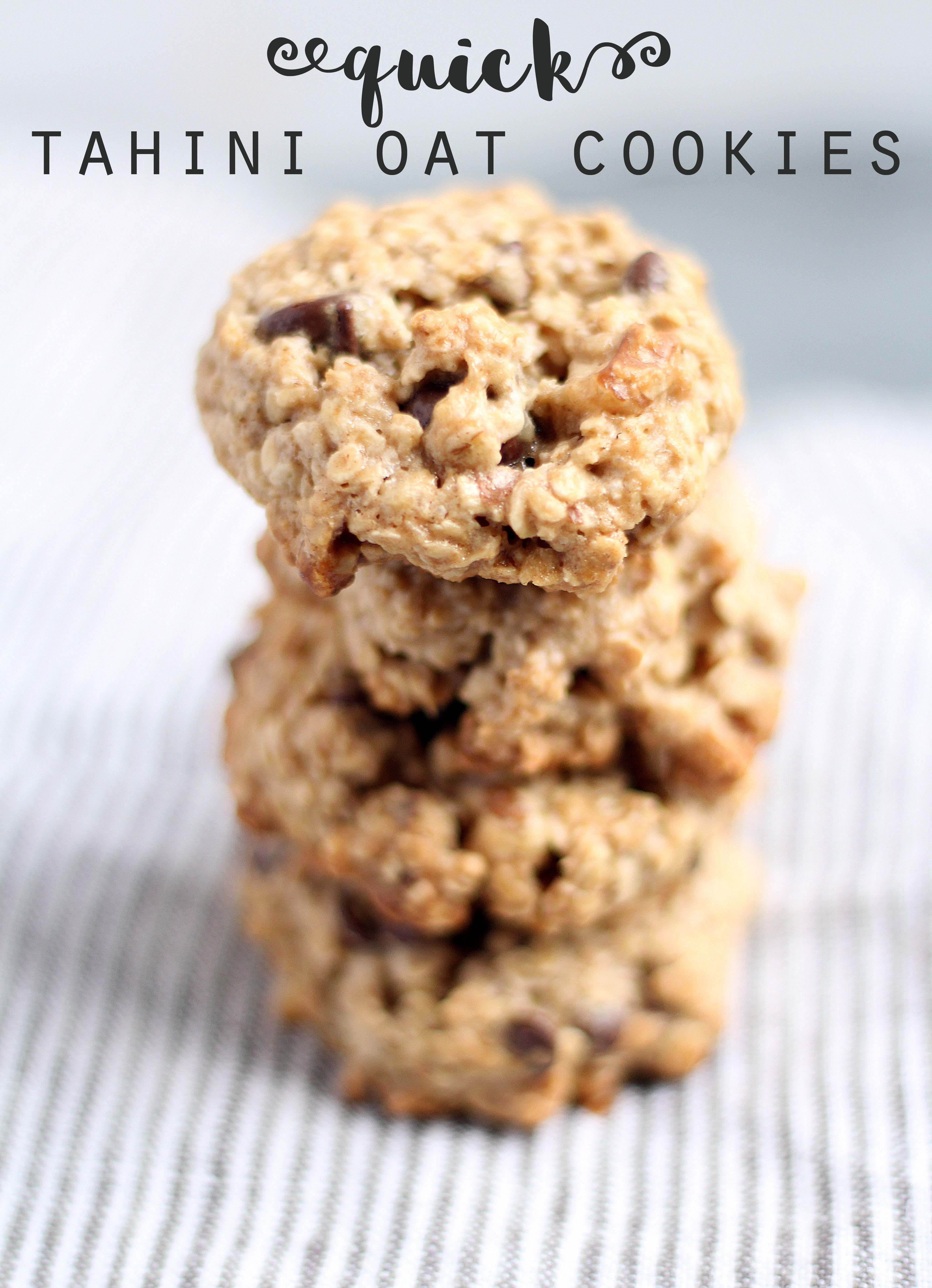 Quick Tahini Oat Cookies. Sweetened with pure maple syrup and balanced out with dark chocolate and crunchy nuts.