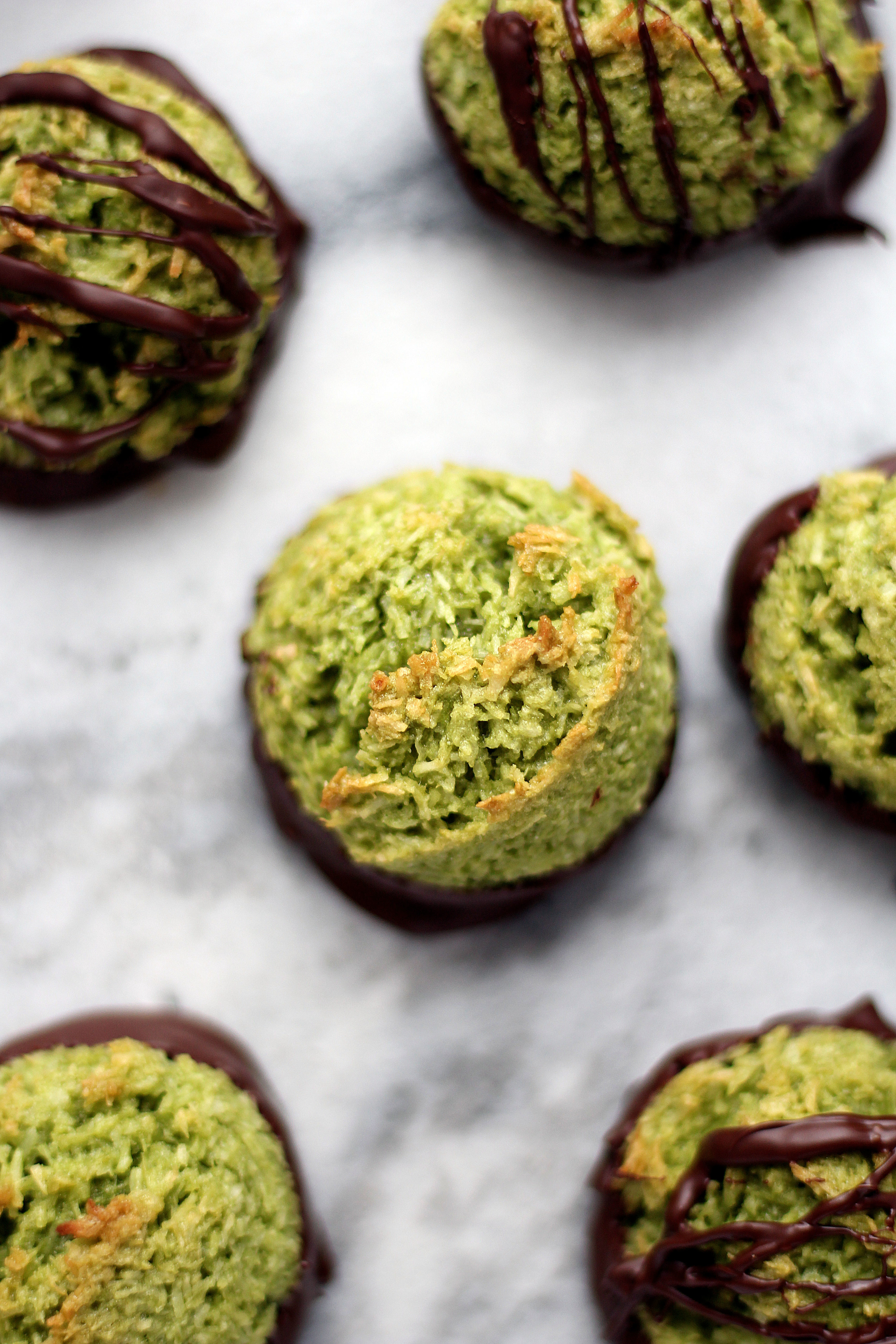 Chocolate Dipped Matcha Macaroons