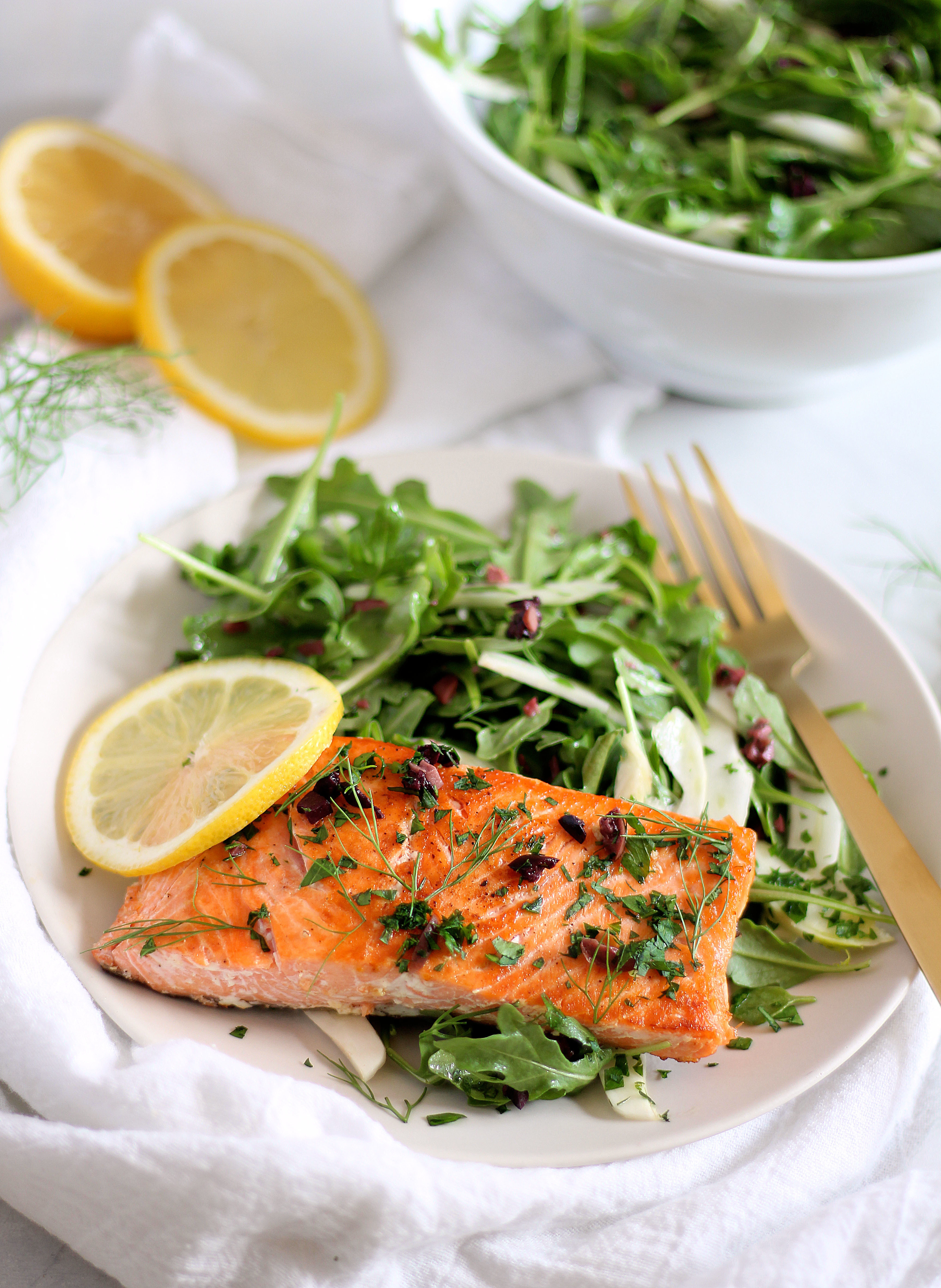 Seared Salmon with Fennel Arugula Salad