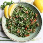 Tabbouleh - a refreshing and healthy Middle Eastern salad made with parsley, tomatoes, and bulgur. Dressed with lemon juice, olive oil, and mint, this salad is great by itself, in lettuce cups, or with avocado!