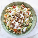 Fairy Tale Eggplant over a Mediterranean Quinoa Salad with Spiced Yogurt Dressing. An easy and fresh summer meal!